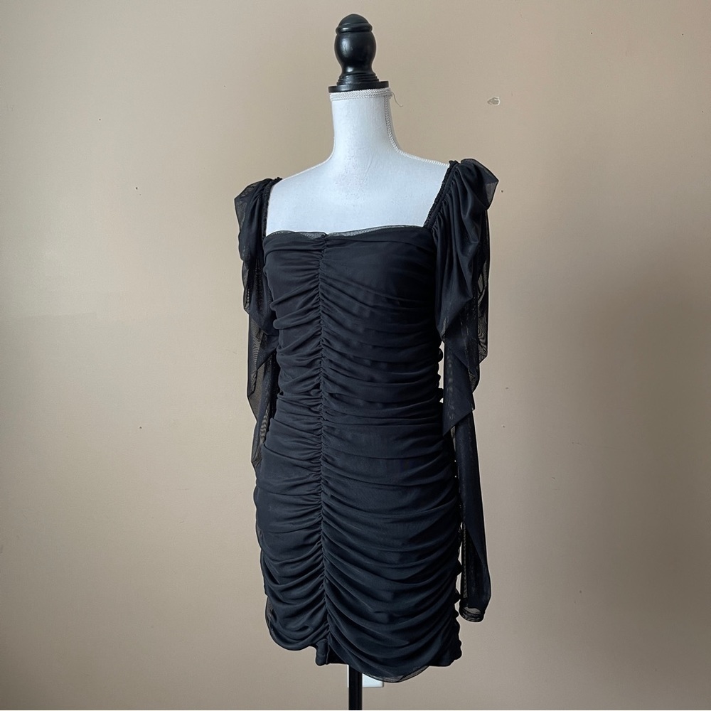 MISSGUIDED | Black Ruched Mesh Long Sleeve Mini Dress Sz 12 - Picture 4 of 7